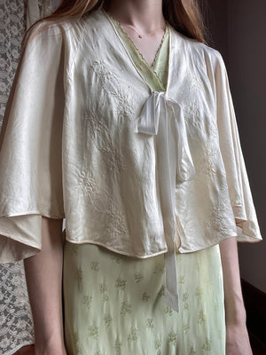 1930s Cream Silk Cape Floral Details Embroidery Bow Wedding