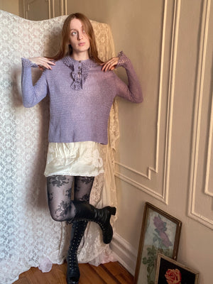 1980s Lilac Purple Lace Silver Sparkle Knit Sweater