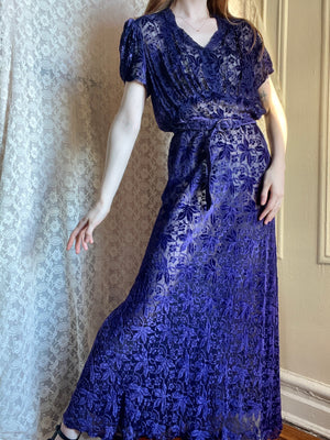 1930s Deep Purple Devore Silk Velvet Gown Bias Cut Sheer Dress