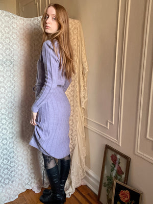 1970s Lavender Knit Sweater Dress Embroidered Floral Butterfly