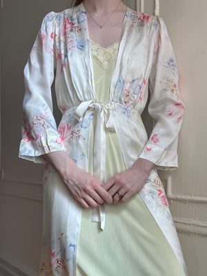 1940s White Floral Rayon Satin Robe Ribbon Tie