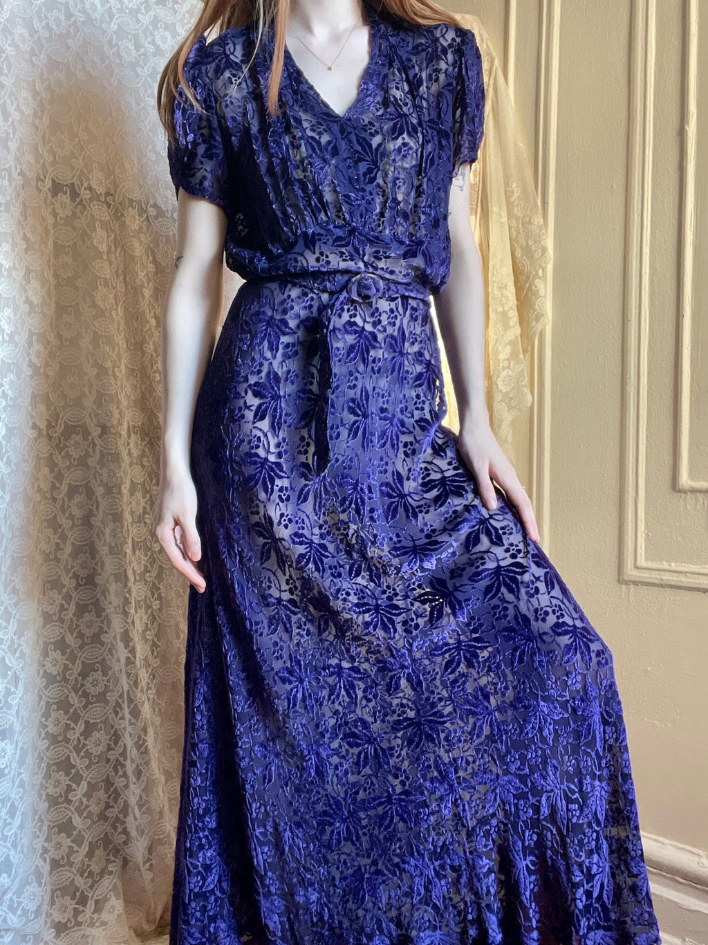 1930s Deep Purple Devore Silk Velvet Gown Bias Cut Sheer Dress