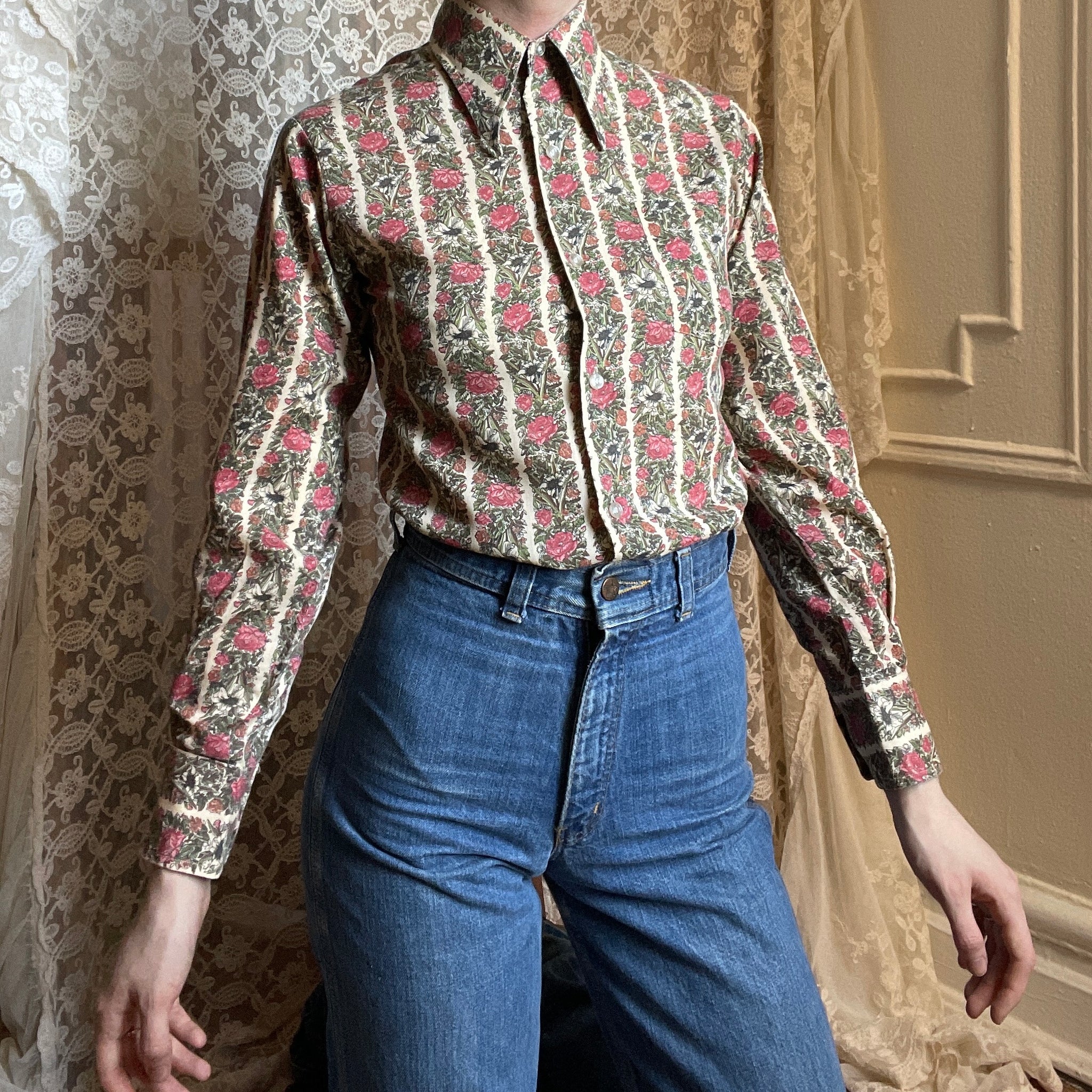 1980s Floral Striped Button Up Shirt