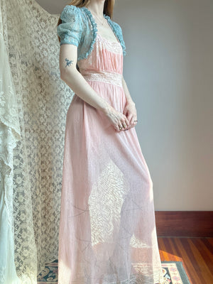 1930s Pale Pink Fishnet Net Bias Cut Midi Slip Dress Lace Appliqué