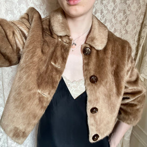 1960s Brown Faux Fur Cropped Jacket Satin Lined