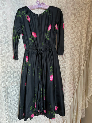 1950s Silk Black Pink Rose Printed Midi Dress