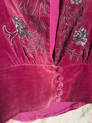 1940s Raspberry Pink Velvet Gold Embellished Zip Up Bolero Puff Sleeve Top