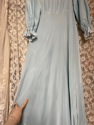 1940s Baby Blue Rayon Balloon Long Sleeve Collared Slip Dress