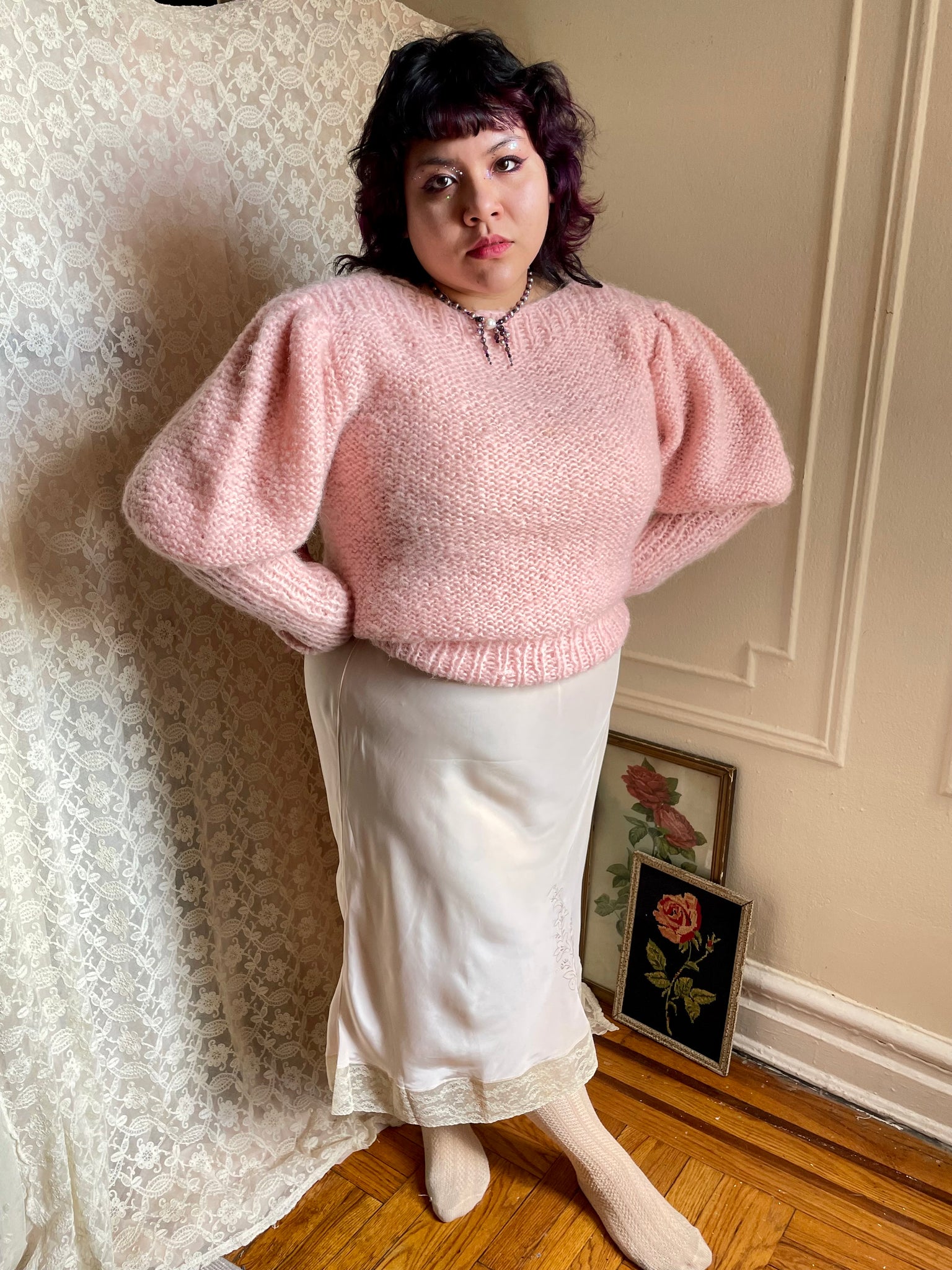 Pink Mutton 1980s Light Pink Italian Knit Sweater Mutton Puff Sleeves – Breath Of ...