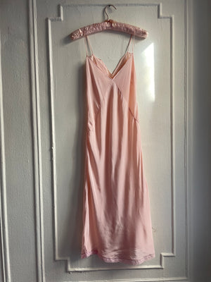 1940s Blush Pink Rayon Bias Cut Midi Slip Dress Antique Handsewn Floral Details