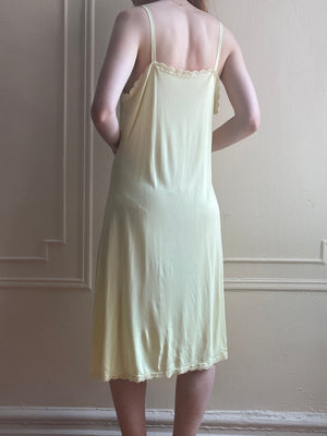 1940s Yellow Rayon Jersey Slip Dress Embroidered Trim