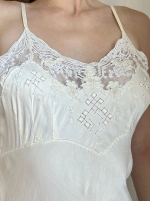 1940s Cream Silk Embroidered Bias Cut Slip Dress Lace Wedding Midi