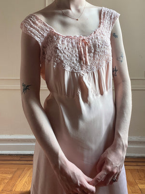 1940s Pink Tambour Lace Slip Dress Bias Cut Rayon Satin