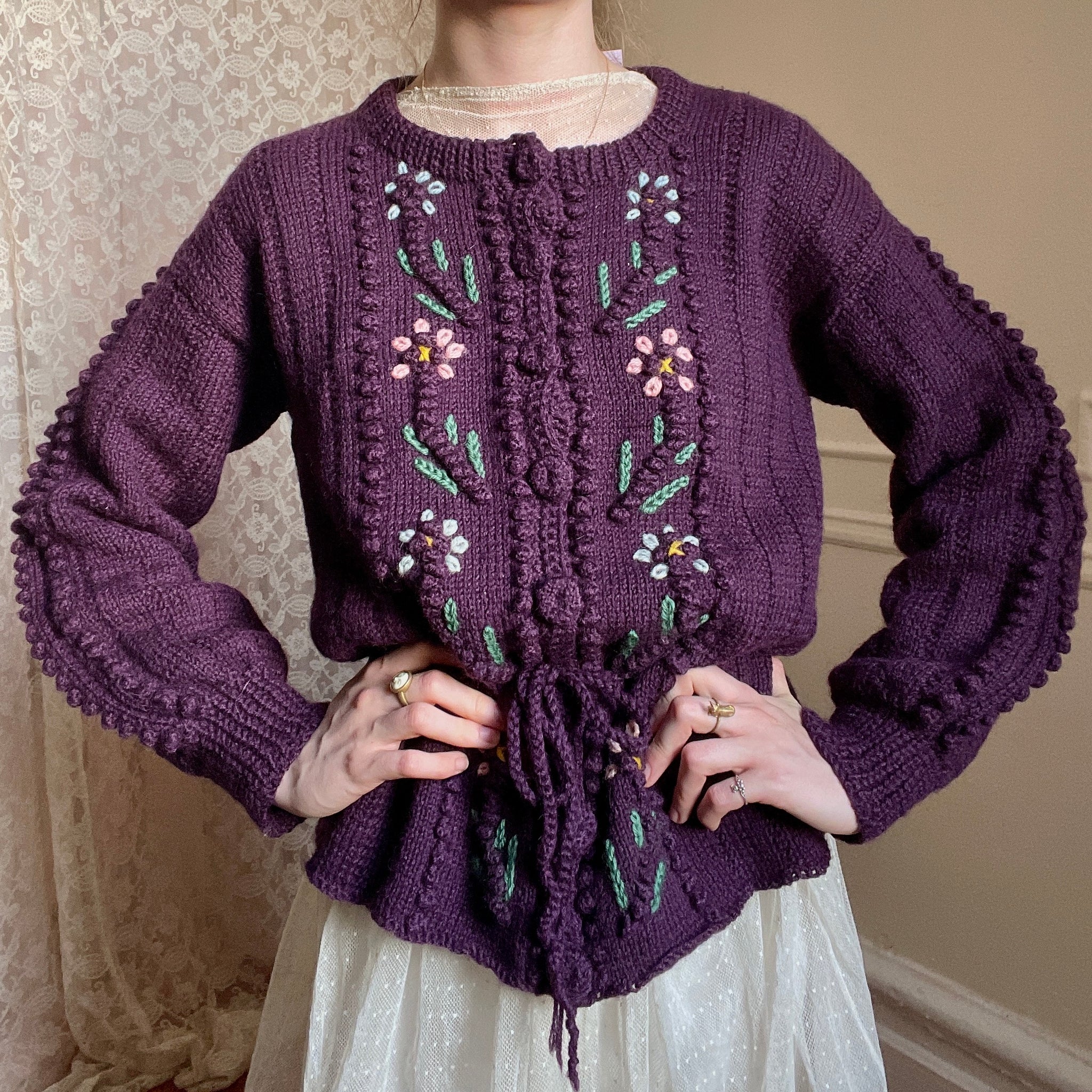 1980s Purple Floral Embroidered does 1940s  Knit Ribbon Button up Cardigan Balloon Sleeves