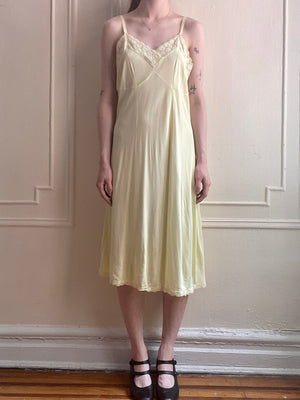 1940s Yellow Rayon Jersey Slip Dress Embroidered Trim