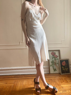 1930s White Cream Silk Bias Cut Floral Applique Slip Dress