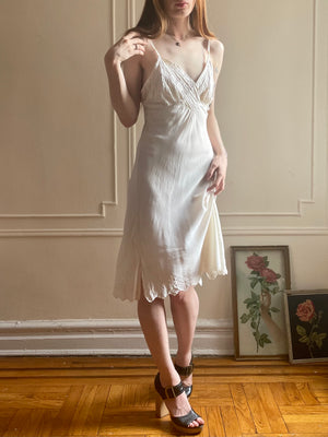 1930s White Cream Silk Bias Cut Floral Applique Slip Dress