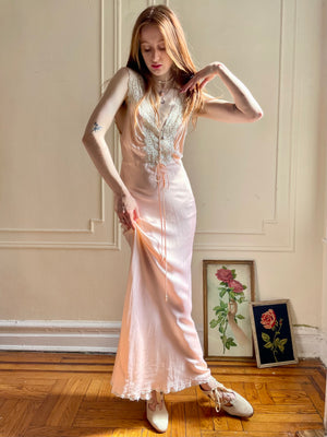 1940s Lace Up Crochet Pink Satin Bias Cut Slip Dress