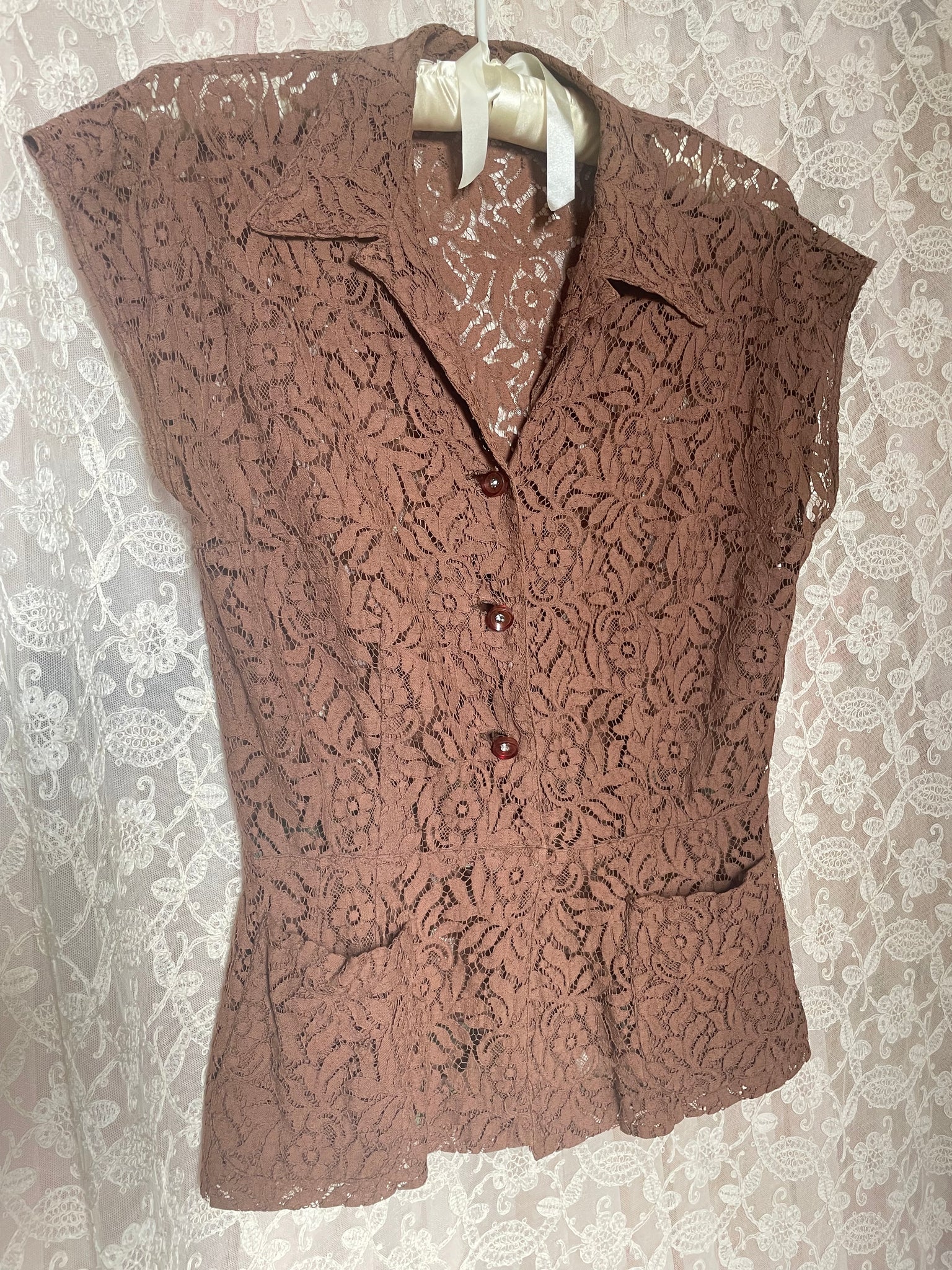 1940s Brown Floral Lace Sheer Button Up Blouse