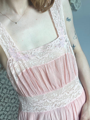 1930s Pale Pink Fishnet Net Bias Cut Midi Slip Dress Lace Appliqué