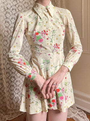 1970s Cream Floral Novelty Bug Dragonfly Print Mini Dress – Breath Of the Earth 1970s Cream Floral Novelty Bug Dragonfly Print Mini Dress – Breath Of the Earth