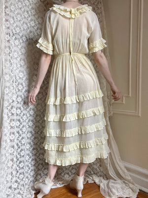 1930s Pale Yellow Cotton Sheer Ruffle Dress