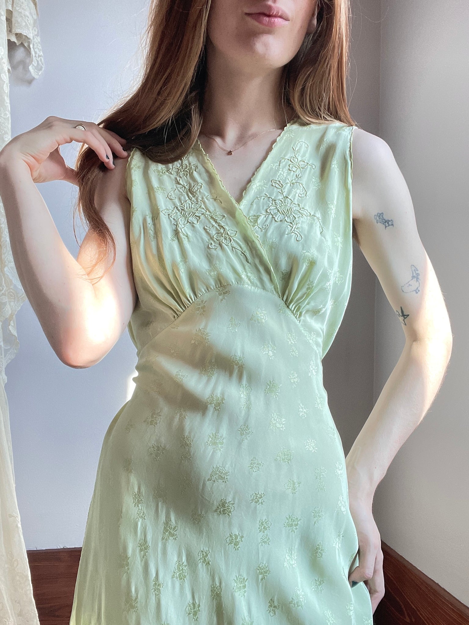 1940s Hand Dyed Green Floral Brocade Rayon Bias Cut Slip Dress Embroidery