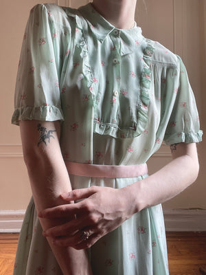 1940s Blue Floral Rayon Dress Button Up Collar