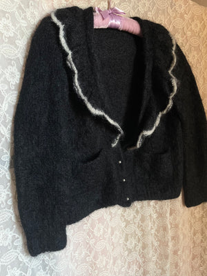 1980s Black Fluffy Mohair Wool Knit Sweater Ruffle Pearl