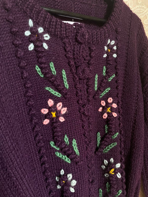 1980s Purple Floral Embroidered does 1940s  Knit Ribbon Button up Cardigan Balloon Sleeves