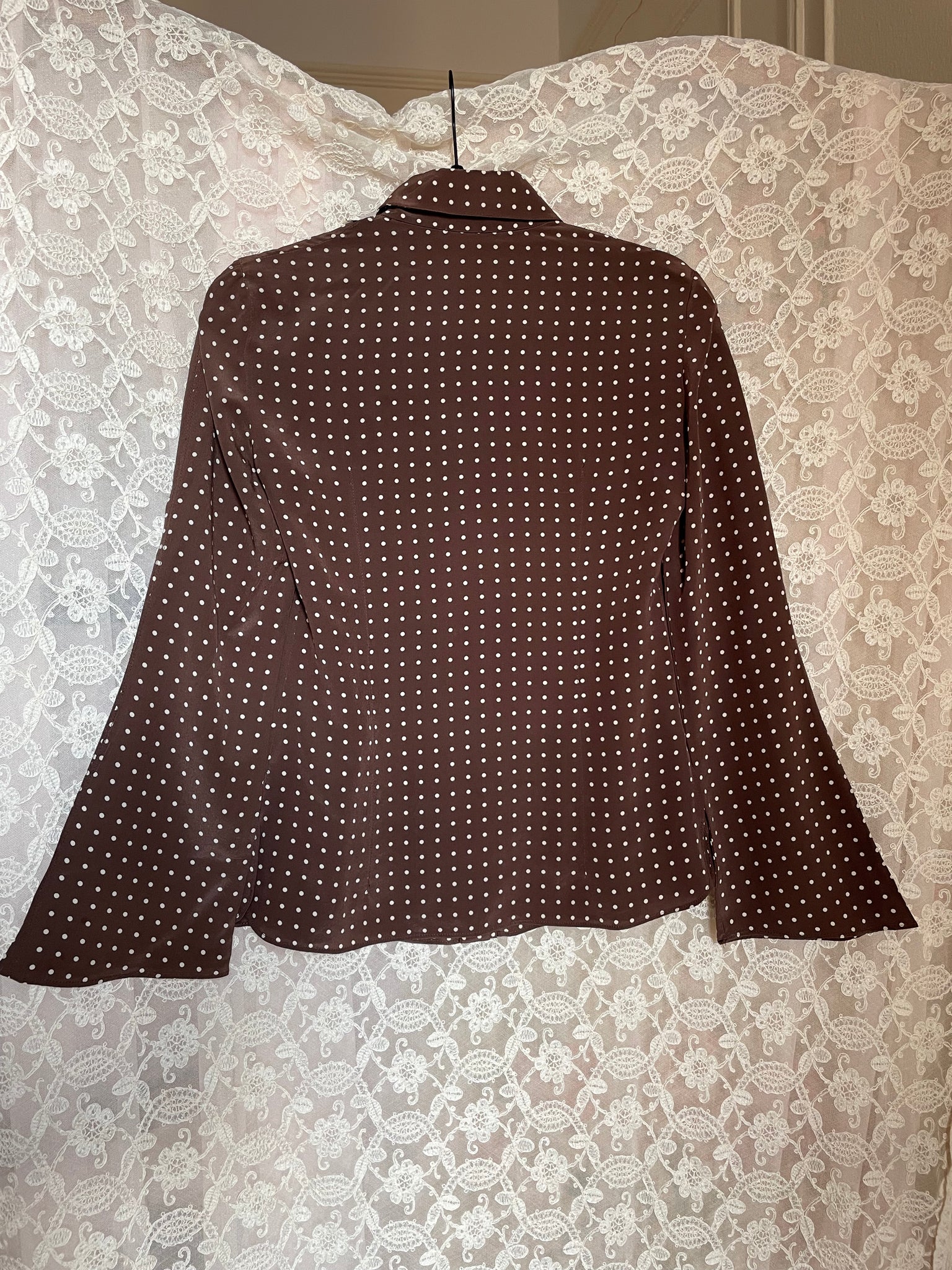 1990s Valentino Silk Brown White Dotted Blouse Bell Sleeves Ruffle Lace Jabot Button up