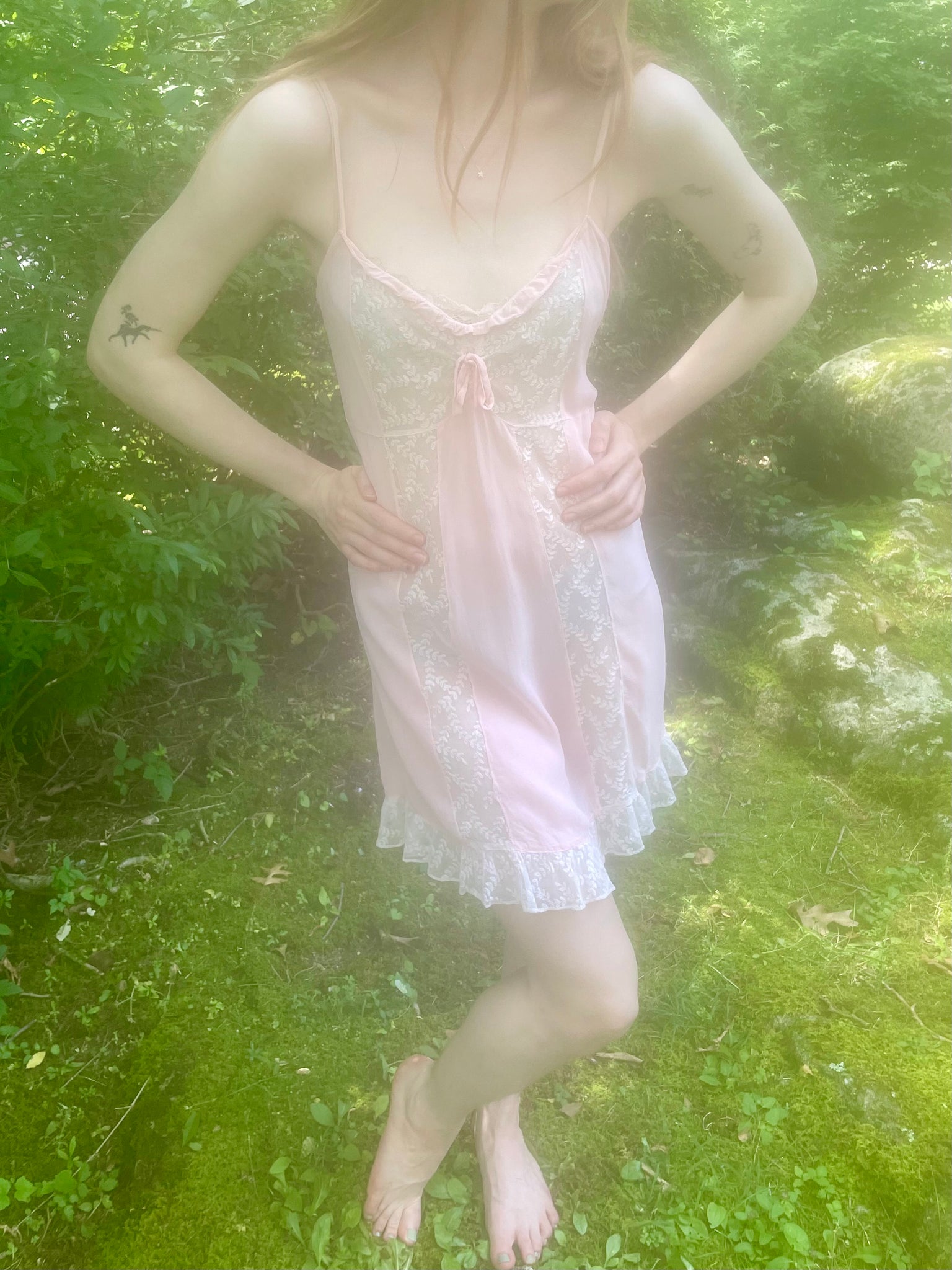 1960s Pale Pink Silk Chiffon Tambour Lace Teddy Mini Slip Dress
