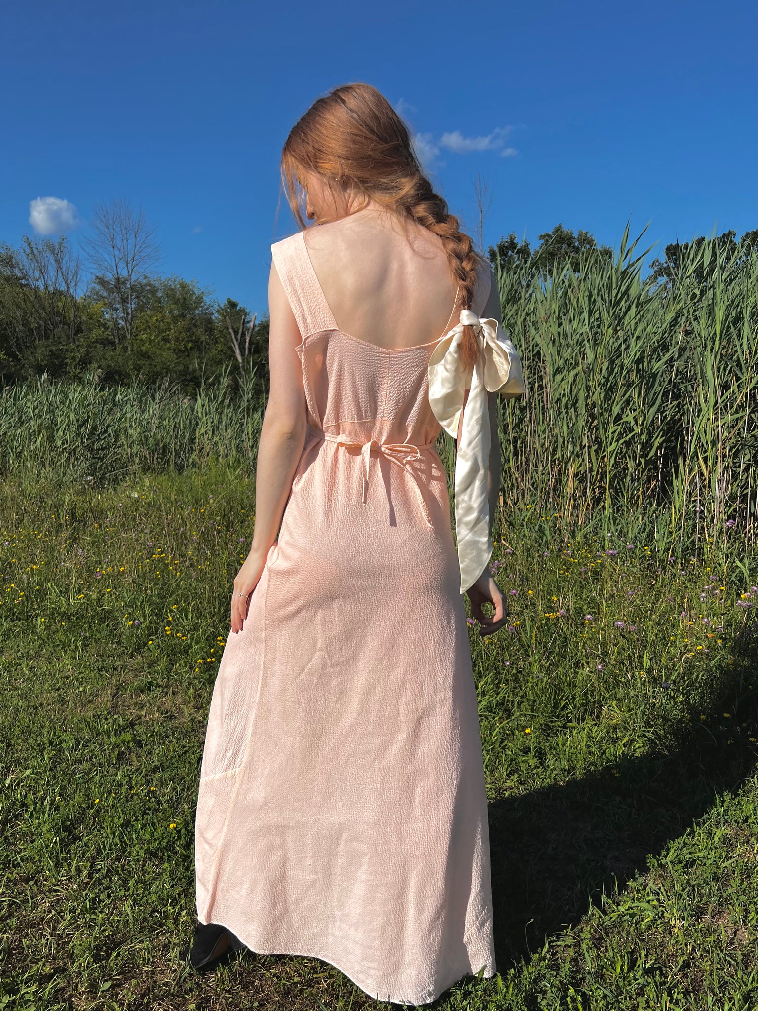 1940s Peach Seersucker Bias Cut Slip Dress Crochet Trim Tie Back