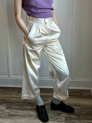 1960s White Cream Rayon Satin Wide Leg Pants Band Gold Adjustable Waist Detail