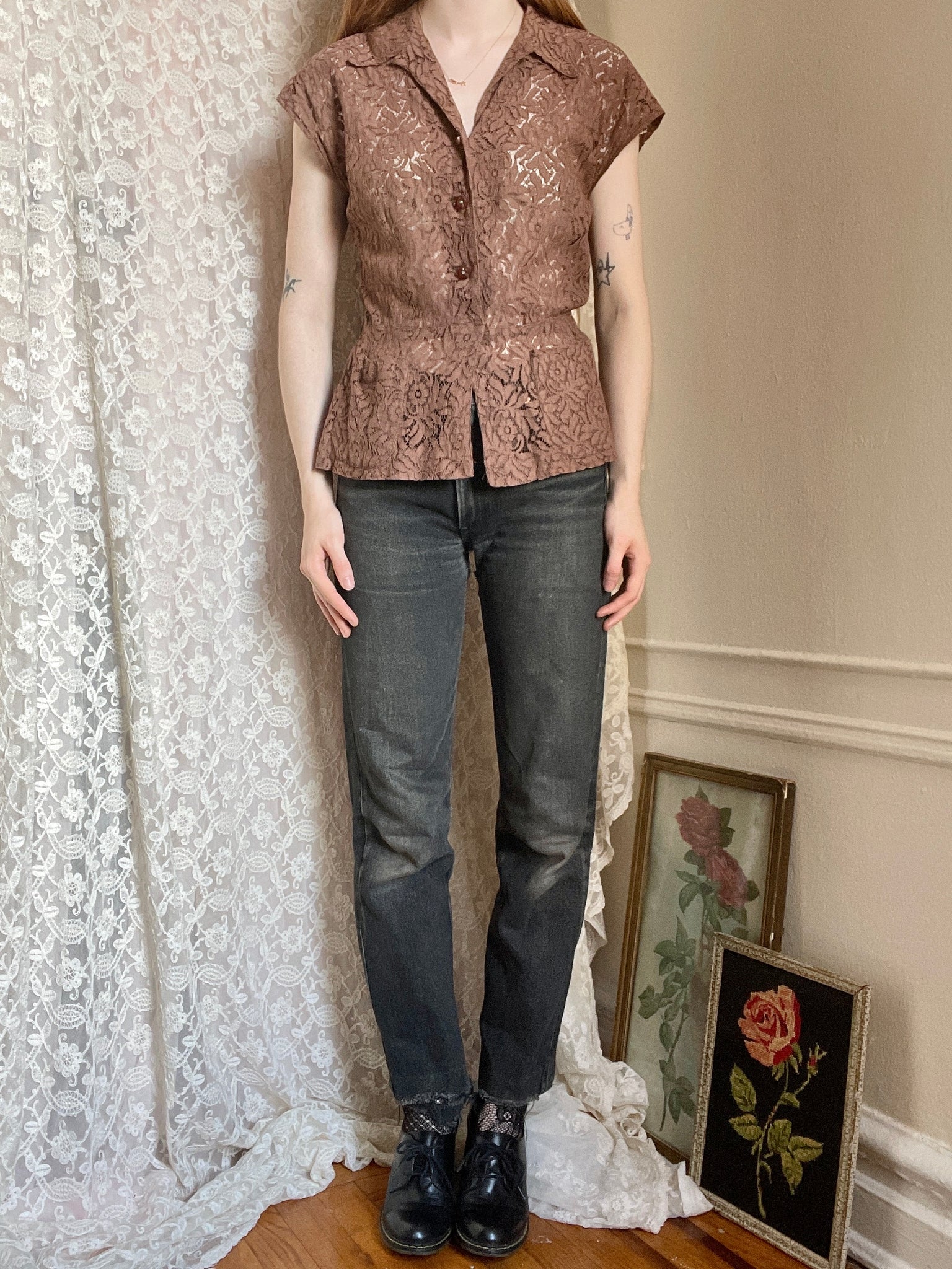 1940s Brown Floral Lace Sheer Button Up Blouse