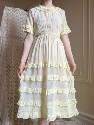 1930s Pale Yellow Cotton Sheer Ruffle Dress