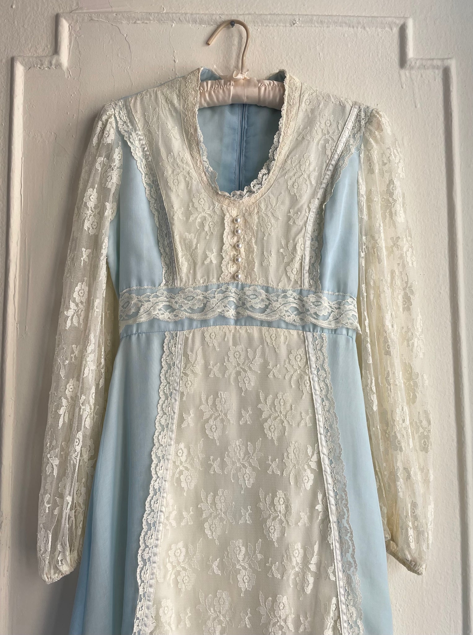 1970s Light Blue Cotton Gauze White Lace Tiered Prairie Maxi Dress