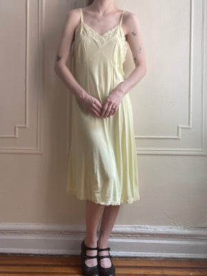 1940s Yellow Rayon Jersey Slip Dress Embroidered Trim