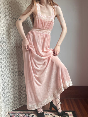 1930s Pale Pink Fishnet Net Bias Cut Midi Slip Dress Lace Appliqué