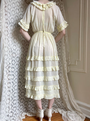 1930s Pale Yellow Cotton Sheer Ruffle Dress