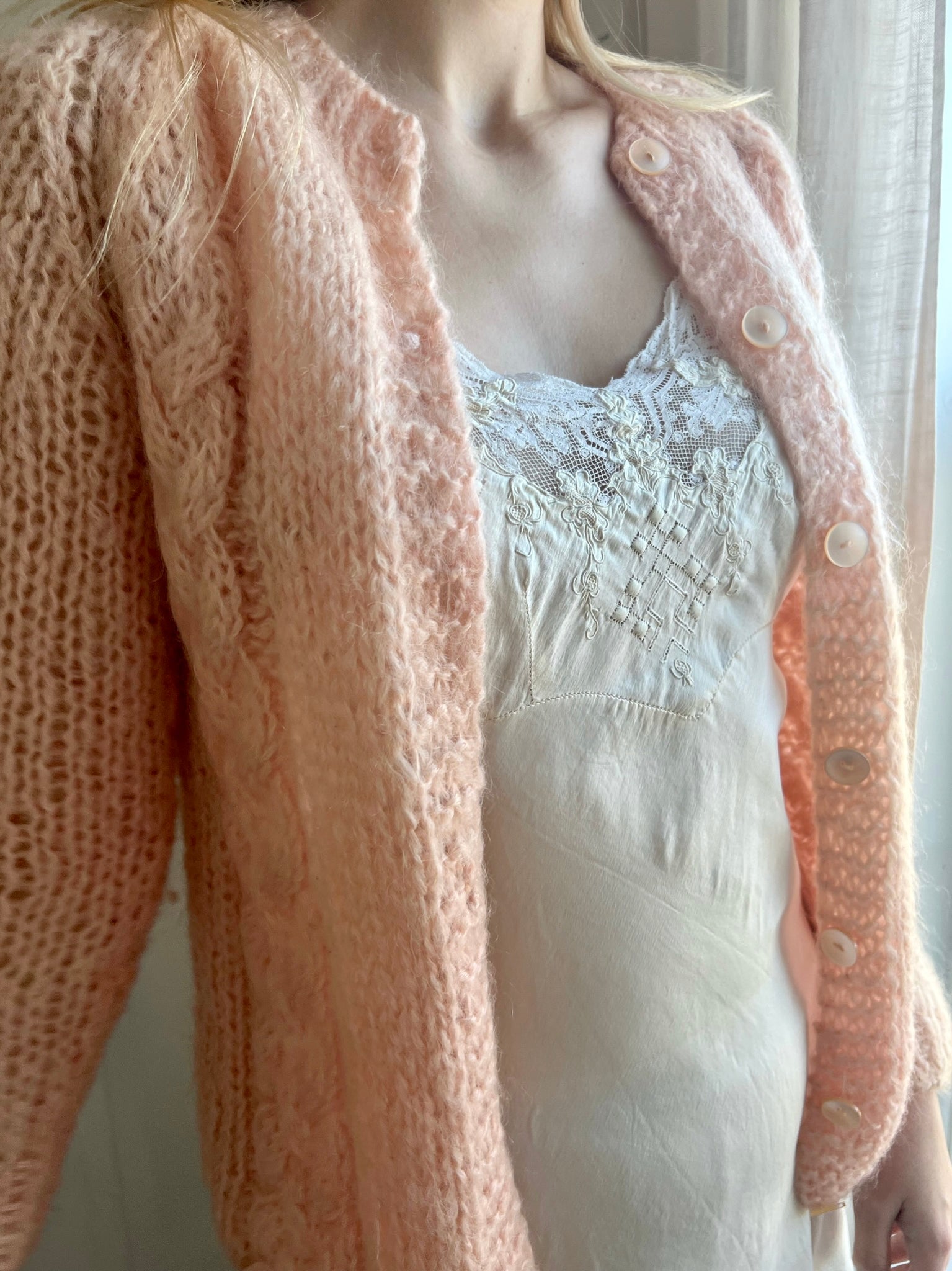 1960s Peach Pink Mohair Wool Button up Cardigan