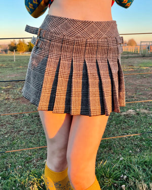 2000s Juicy Couture Brown Plaid Pleated Mini Skirt with Buckle Details