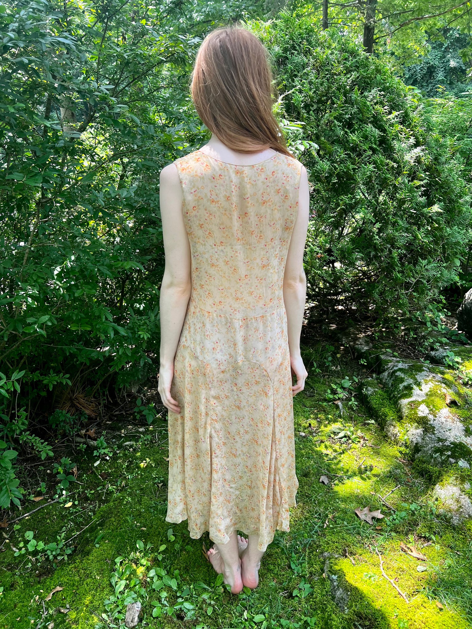 1930s Silk Chiffon Floral Yellow Day Dress