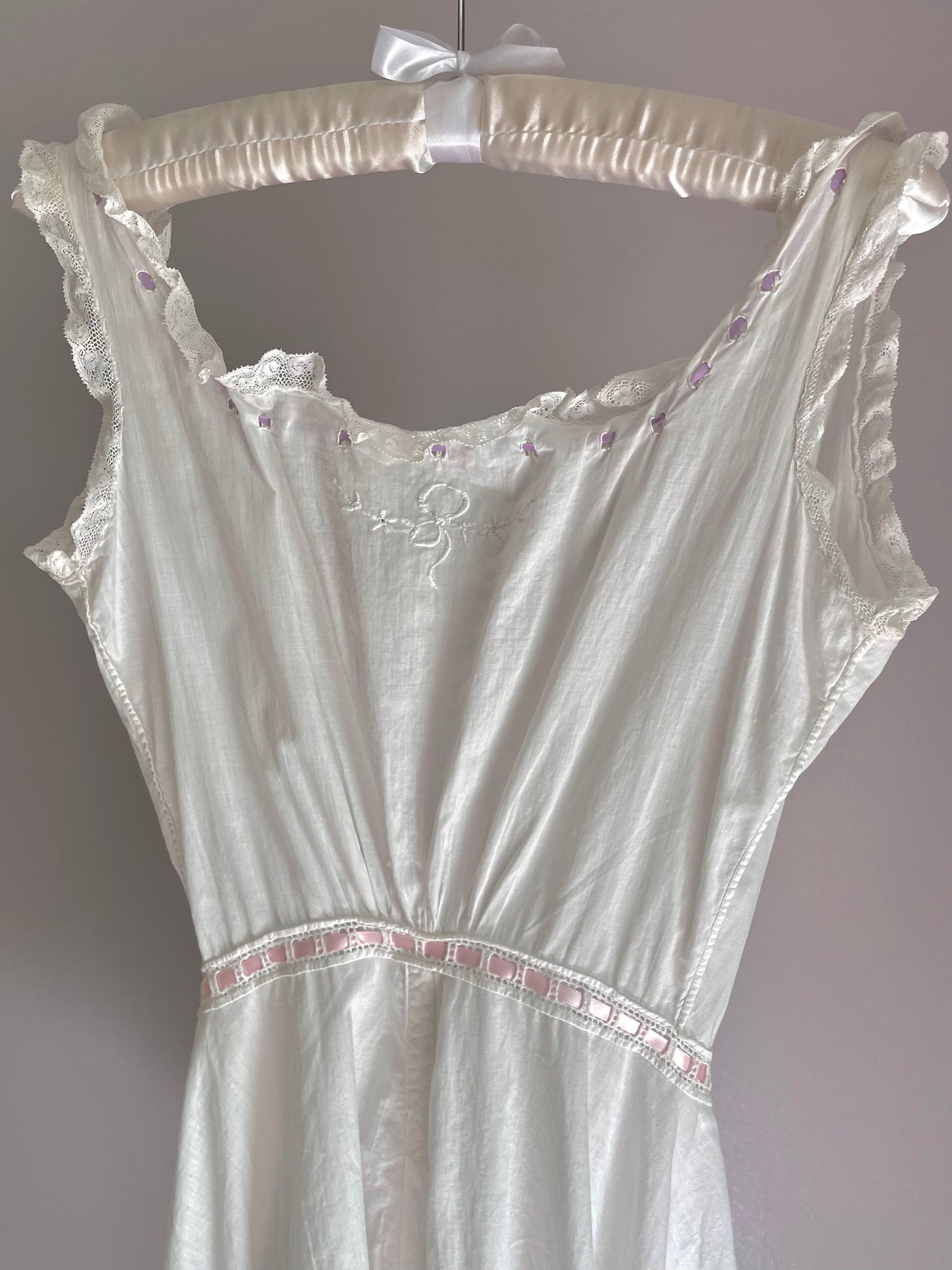 1900s Edwardian Cotton Floral Embroidery Combinations Pink Purple RIbbon Split Crotch