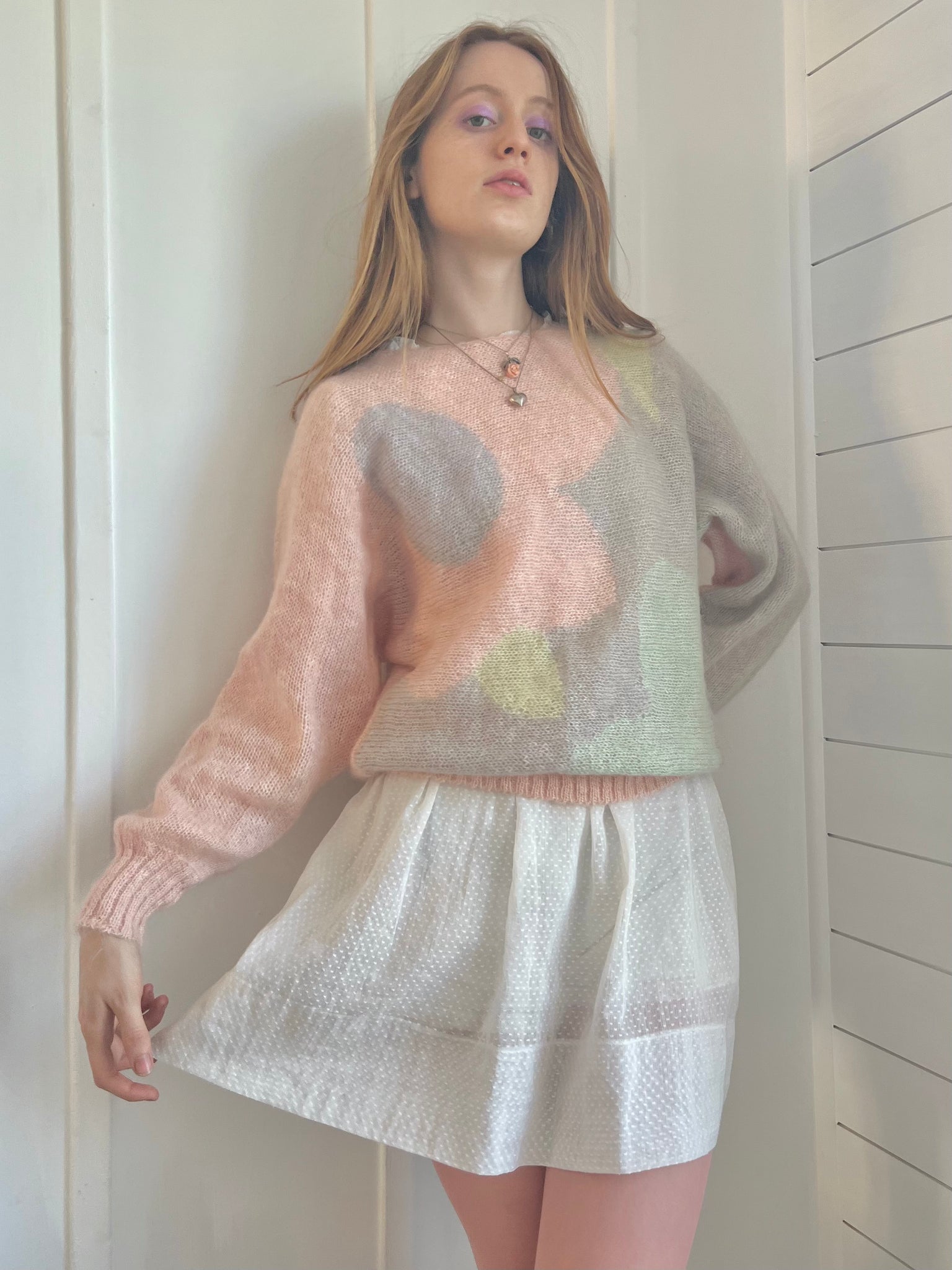 1980s Mohair Pastel Pink Pullover Sweater with Giant Lavender and Green Flower