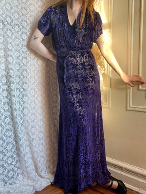 1930s Deep Purple Devore Silk Velvet Gown Bias Cut Sheer Dress