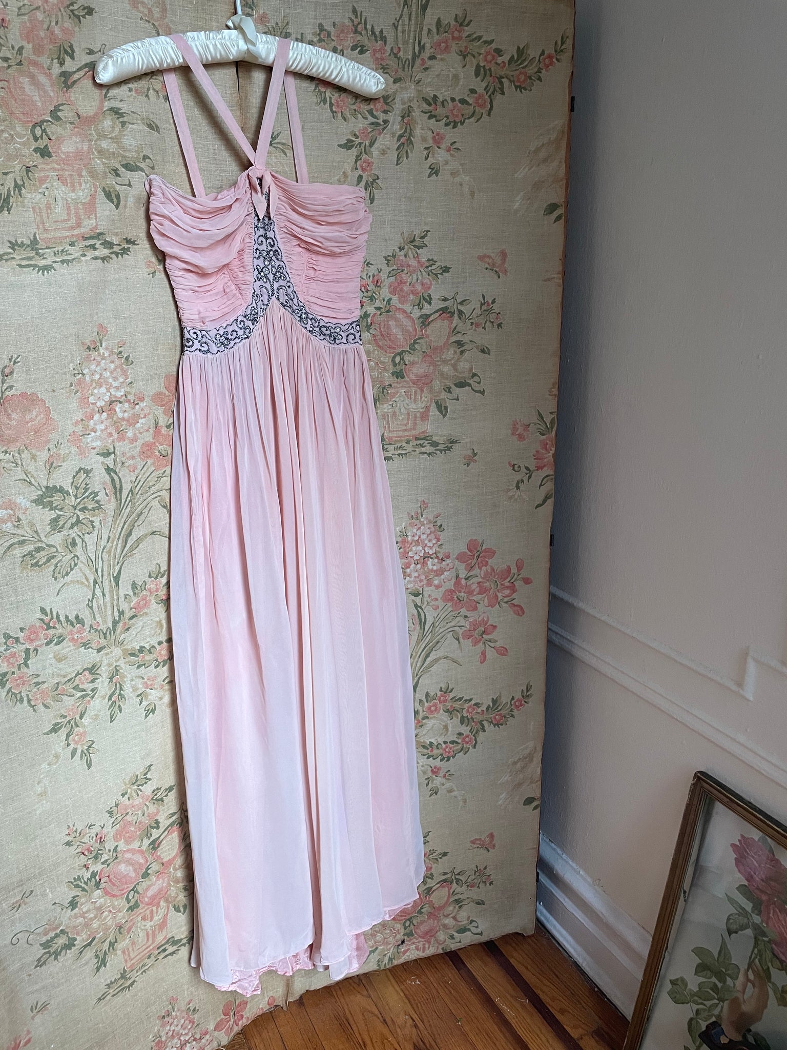 1940s Pale Blush Pink Rayon Chiffon Dress Gown Soutache Crystals