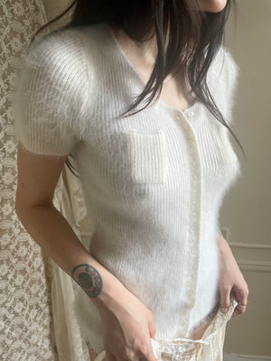 1990s Angora White Fuzzy Wool Knit Tiny Buttons Short Sleeve