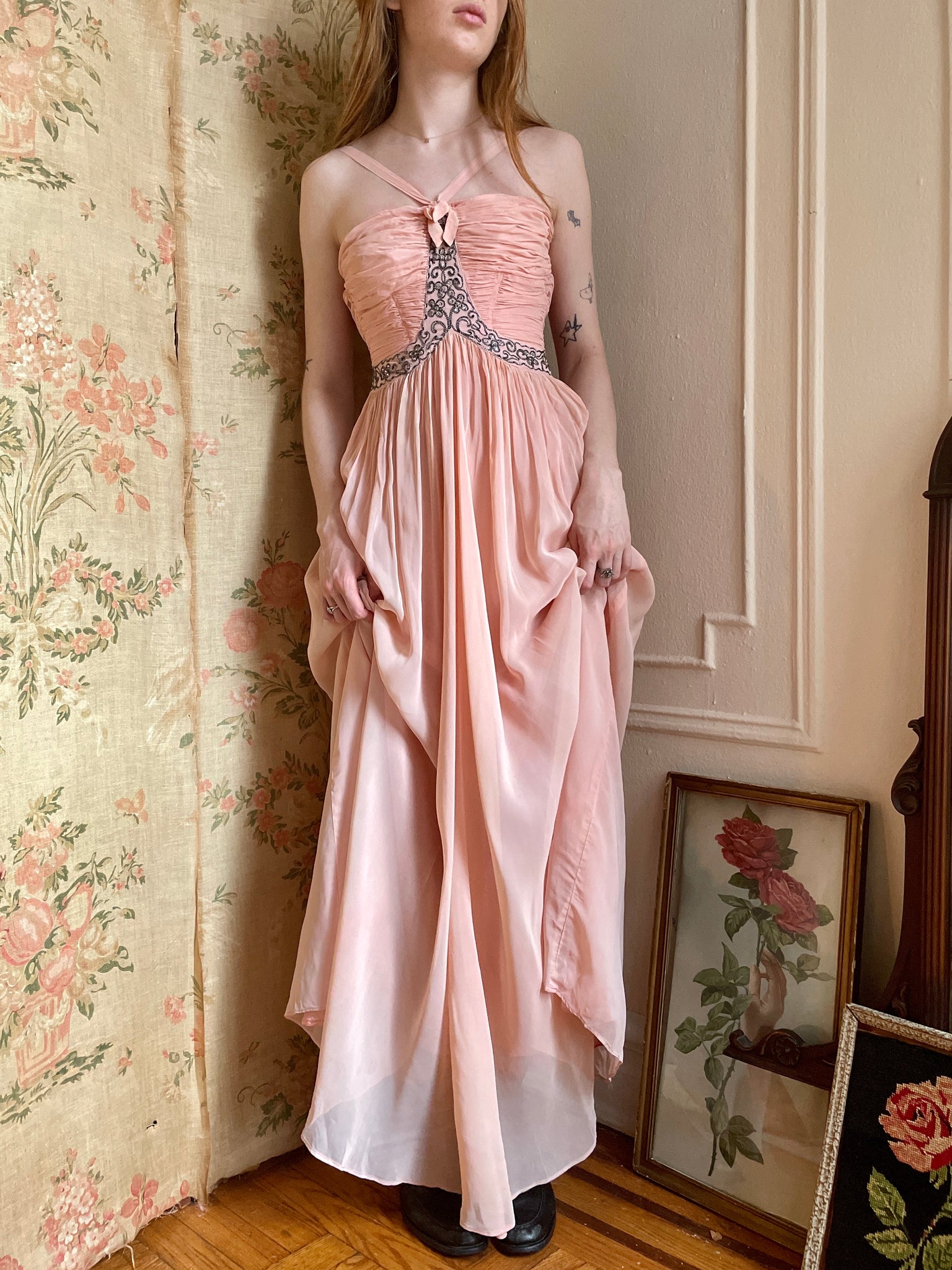 Vintage 1940's Light Pink Liquid Satin Gown, Dress With Gathered Bodice,  Size Large -  Hong Kong