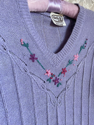 1970s Lavender Knit Sweater Dress Embroidered Floral Butterfly